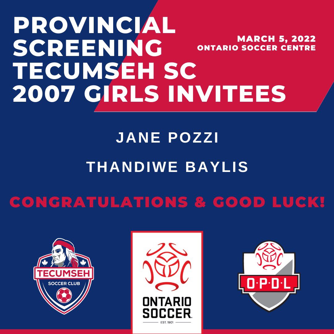 TecumsehSoccer's tweet photo. We would like to congratulate and wish another 2 @TecumsehSoccer players, this time our #2007Girls, the best of luck today at @OntarioIsSoccer #provincialscreening! Congratulations to Jane Pozzi and Thandiwe Baylis on your recognition, invitation and opportunity to progress. https://t.co/drcPlH7caO