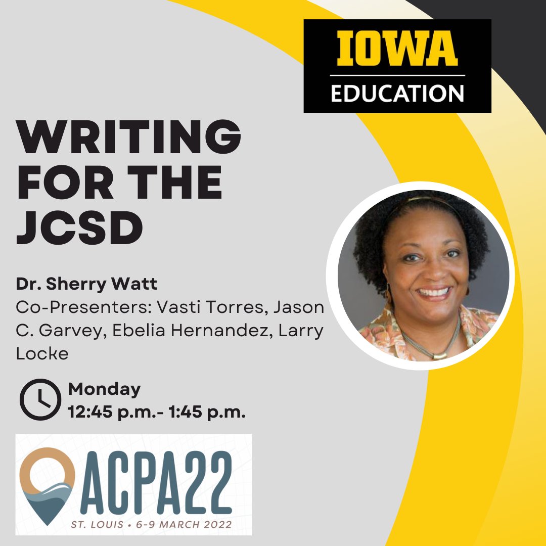 Join <a href="/SherryKWatt/">Sherry K. Watt</a> and the <a href="/ACPAJCSD/">Journal of College Student Development</a> in Room 260 to learn more about writing for the Journal! #ACPA22 #JCSD #IOWA #collegeofeducation