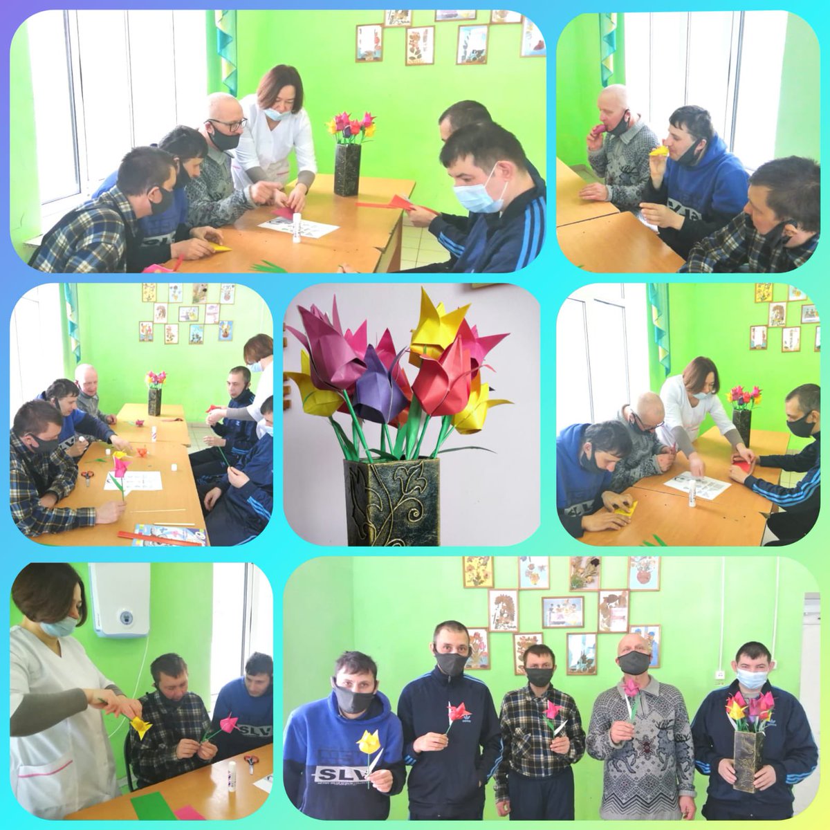 vladpan08's tweet photo. Мужчины пансионата уже сегодня подготовились к поздравлению с Международным женским днём-8 марта🎉 
Пр��дставляем реабилитационно-развивающее мероприятие -  бумагопластика, в ходе которого и были созданы руками опекаемых прекрасные тюльпаны. 💐 
Руководитель кружка Урлапова С. В. https://t.co/OO10QUTlen