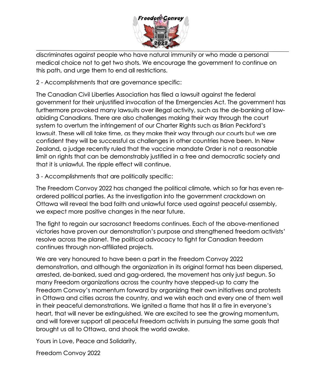 AndrewLawton's tweet image. JUST IN: Freedom Convoy spokespeople Dagny Pawlak and Benjamin Dichter issue "concluding" press release touting convoy's achievements, including lifting of numerous provincial restrictions, lawsuits against Emergencies Act, and generally changing the political climate.
