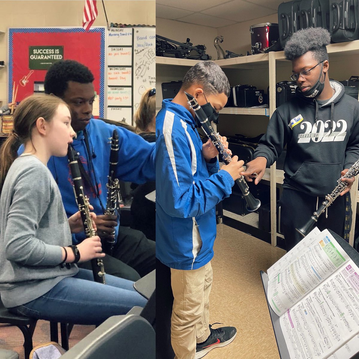 Earlier this week, we had a visit from former Litton Lion, Clarence. Clarence is now a senior at McGavock and he came to mentor students as part of a service project. He did an amazing job teaching clarinet players! Thanks, Clarence! Pics are from 2018 and this week. ☺️