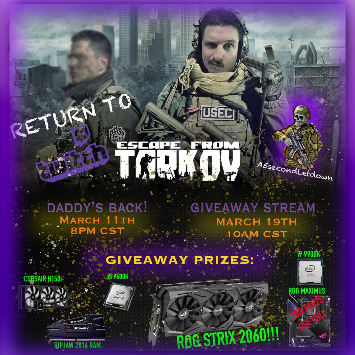 A5SecondLetDown's tweet photo. IM BACK BABY! Giveaway rules below:
Raffle style giveaway, must be in chat on the day to enter and win. All prizes EXCEPT the motherboard we’re working last they were installed. Any questions? Ask below and don’t forget to share! https://t.co/A5DjlY5fJI