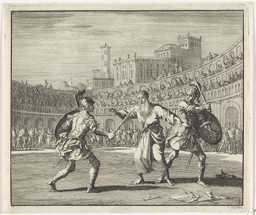 alastairmci's tweet photo. That’s a Peter Howson👆. And how come, after years of studying #nonviolence, it was only today that I learned of #SaintTelemachus? Name means “far from battle”. His intervention in a gladiatorial spectacle led to the crowd stoning him to death, then the ending of such brutality. https://t.co/JeBsq3Cvqb