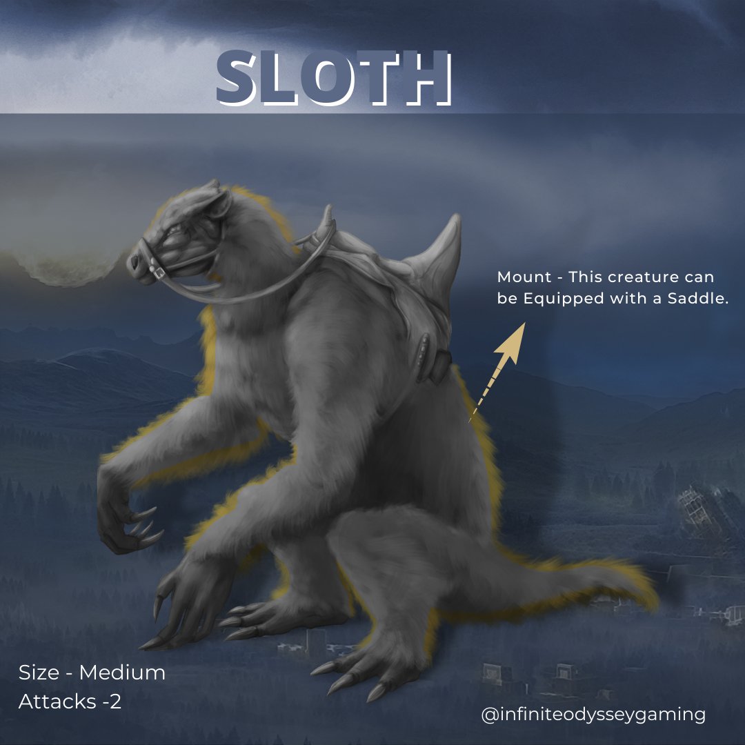 IOdysseygaming's tweet photo. Sloth👇
Mount - This creature can
be Equipped with a Saddle.

Size - Medium
Attacks -2 

#tabletoproleplayinggames
#tabletopgaming #tabletopgame #tabletopgames #tablegames #tabletoproleplayinggame
#tabletoproleplayinggames https://t.co/fgFfFwspcH