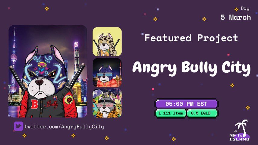 PRESALE IS LIVE AT 5PM EST  
<a href="/AngryBullyCity/">Angry Bully City🇺🇦 PreSale till 03/19</a> is new on the #ElrondNetwork and will bring the Dog Park to the #Metaverse 
Make sure to get involved in this great #NFTCollection 
  💰0.5 #EGLD 
🧑‍💻Angrybully.city
👾#Discord: discord.com/invite/vP4HD6y…
#NFT #NFTCommunity $EGLD