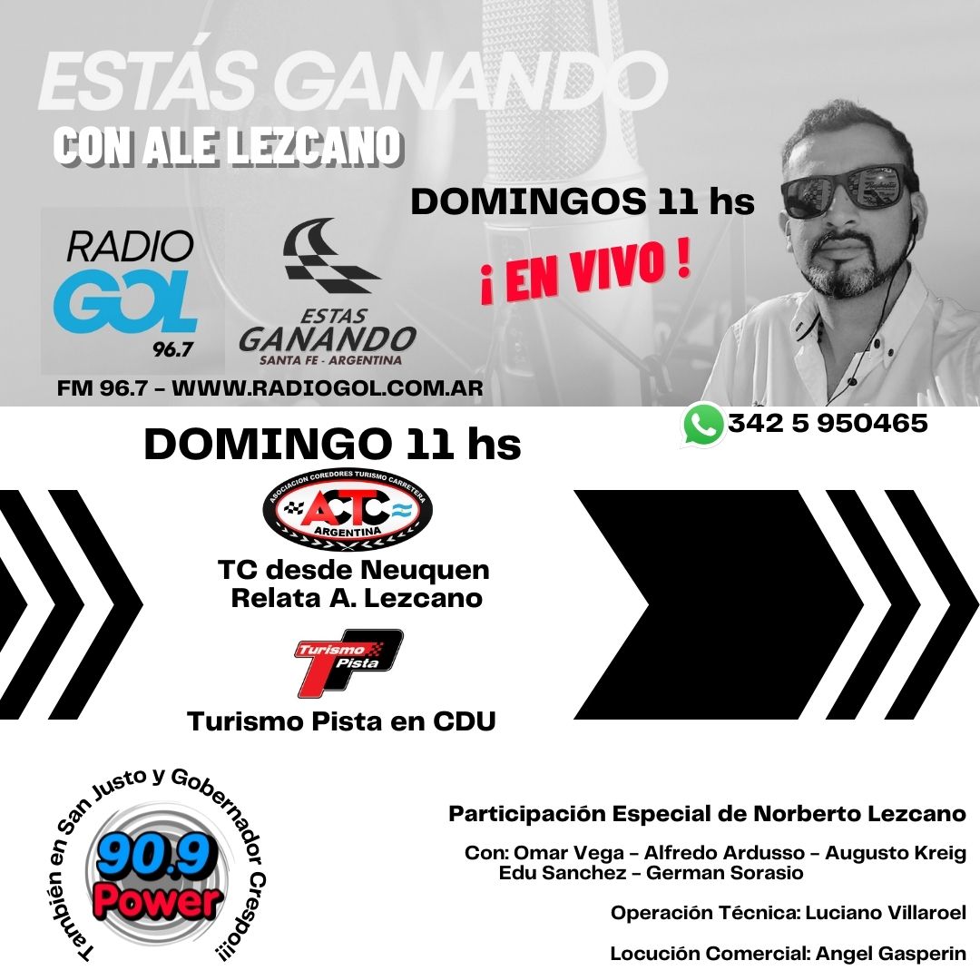 EstasGanando's tweet photo. Desde las 11hs en vivo desde Neuquén transmitimos la segunda fecha del año de #TurismoCarretera 
Además estaremos con todo lo que sucede en CDU con el @TurismoPista y la actividad zonal en Rosario!
En vivo, desde las 11hs "Estas Ganando" Por @radiogolsantafe y @FmPower909 https://t.co/KjWH3QVkMb