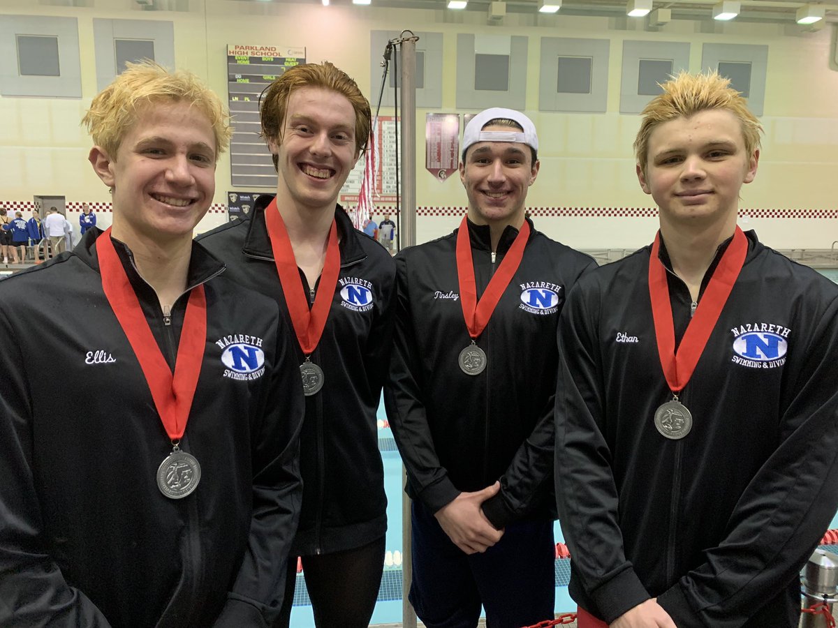 👏🏻🔵⚪️🦅🏊🏻‍♂️😤💨 Congratulations <a href="/NazSwim/">Nazareth Swimming</a> Ross Ellis, Jack Hasker, Tyler Tinsley &amp; Ethan Coffman the District XI 3A 400 Freestyle Relay 🥈 medalists‼️‼️