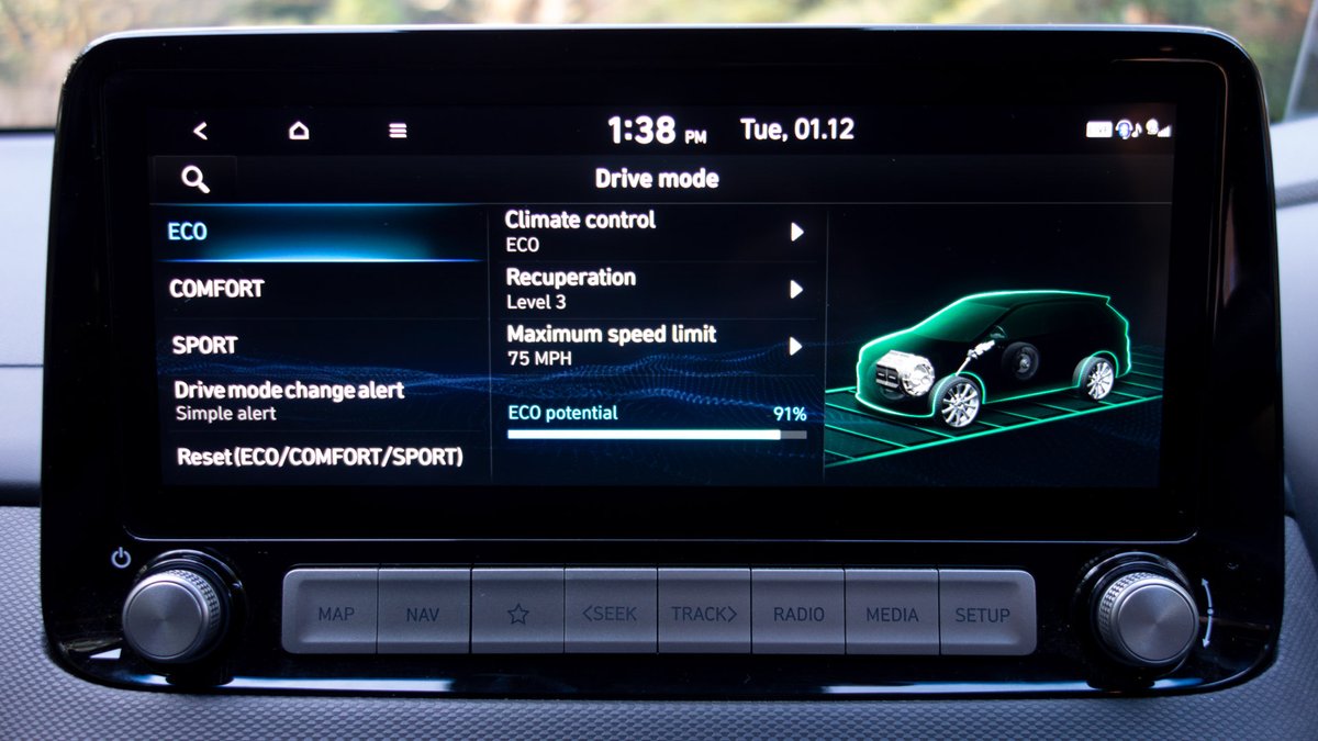 perrypetrozelli's tweet photo. @elonmusk Hyundai Kona EV has excellent driving modes. How about bringing over some sort of Eco mode to Tesla to maximize range? https://t.co/ida0EZHYwm