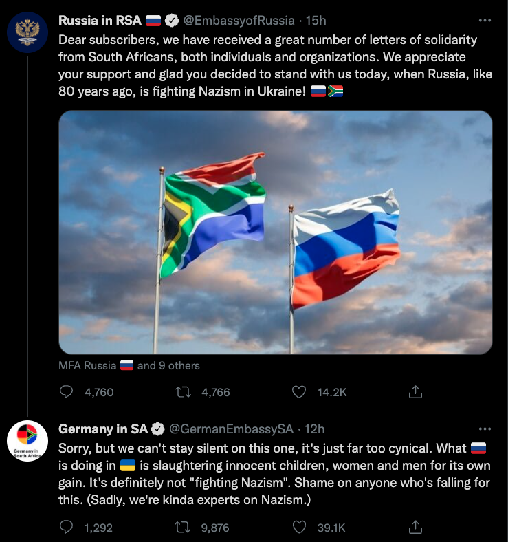 KremlinTrolls's tweet photo. . @GermanEmbassySA pushing back against the Kremlin and their killing of women and children in Ukraine. Good. https://t.co/ScMUDf3Zhb