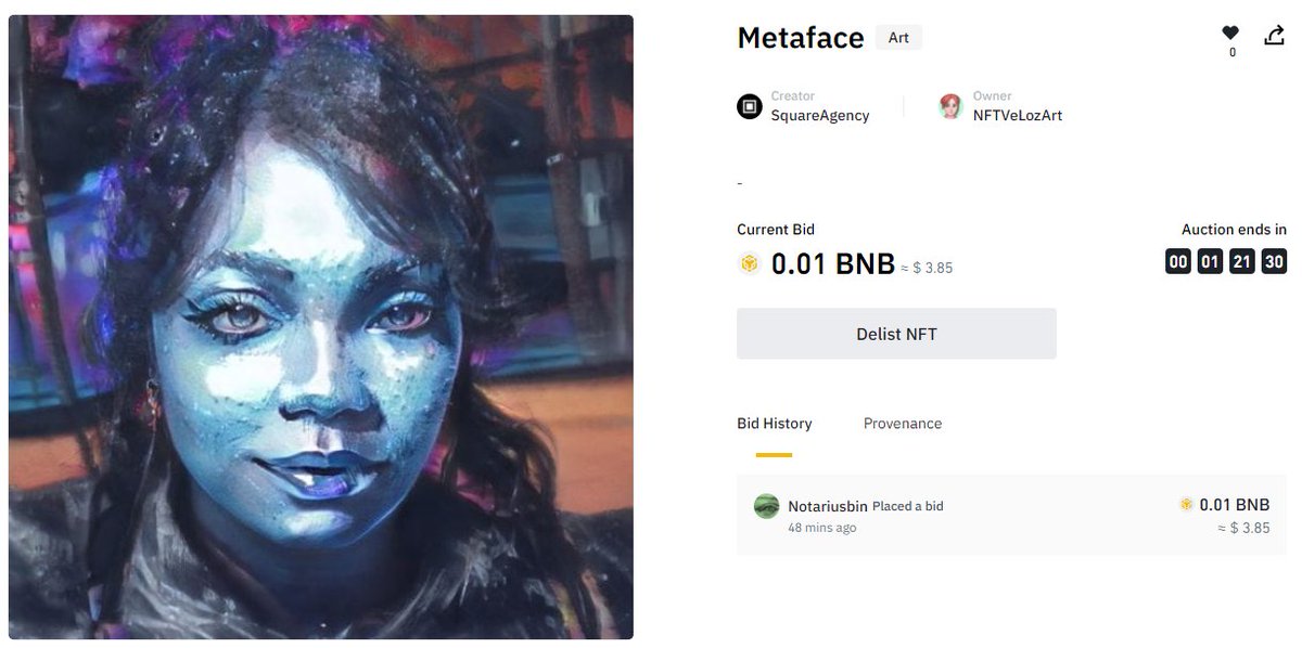NFTVeLozArt's tweet image. This is so cool! My #NFT Metaface Collected via @TheBinanceNFT  it has a Bid! 1 hr left! Live Auction!  Don't missed up 😱  #Metaface #BNB #BUSD #Binance #NFTs binance.com/en/nft/goods/d…