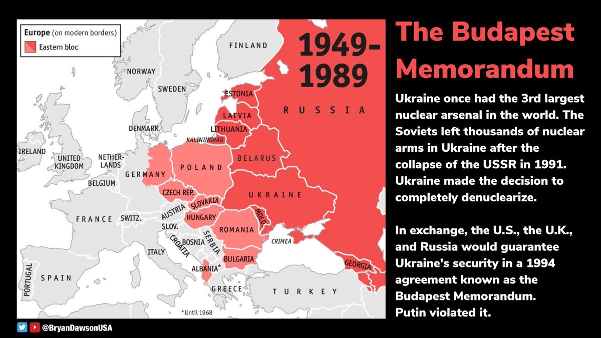 BryanDawsonUSA's tweet photo. After the Soviet collapse in 1991, Ukraine was left with the 3rd largest nuclear arsenal in the world. #Ukraine decided to denuclearize.

In exchange, the U.S., U.K., &amp; Russia guaranteed Ukraine's security in a 1994 agreement known as the Budapest Memorandum.

Putin violated it. https://t.co/joRDG1FRQy