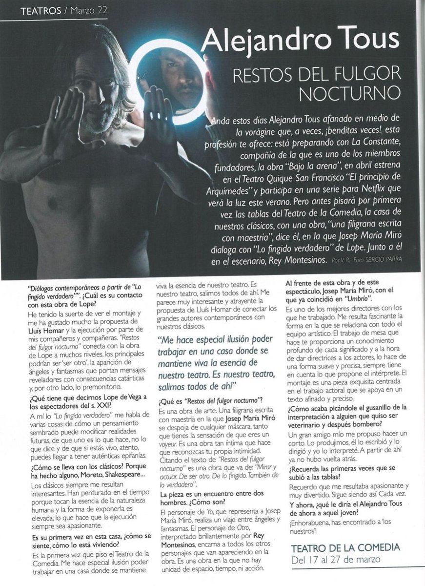 Entrevista @TousAlejandro a la Revista Teatros. #Restosdelfulgornocturno del 17 al 27 de març a <a href="/TEATROCLASICO/">Teatro Clásico - CNTC</a>  amb Alejandro Tous i #ReyMontesinos 
Link: teatroclasico.mcu.es/2021/06/09/res…