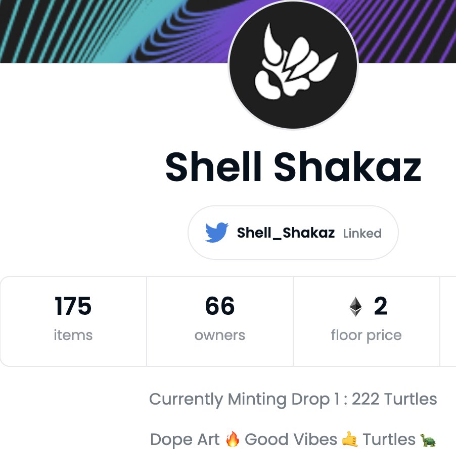 TxPABC's tweet photo. Current stats 3% of collection is listed (97% unlisted) -- 2 eth floor.
175 items, 66 owner -- average turtles per owner = 2.6 turtles per owner.
High retention/floor due to a slow and steady minidrop system.
#probablynothing
#turtle4turtle
#shellsquad
@Shell_Shakaz https://t.co/Hod7R0amTi