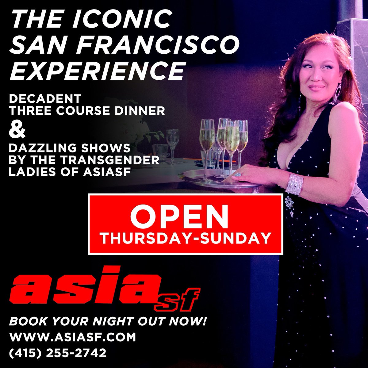 Tag the people in your party! ✨🥢🥂Call us or go online and BOOK your table NOW❤️
.
#AsiaSF #SaturdayNight #Restaurant #SanFrancisco #Ad #DinnerShow #TransIsBeautiful #Show #Dinner #DinnerTime #Cheers #BonAppetit