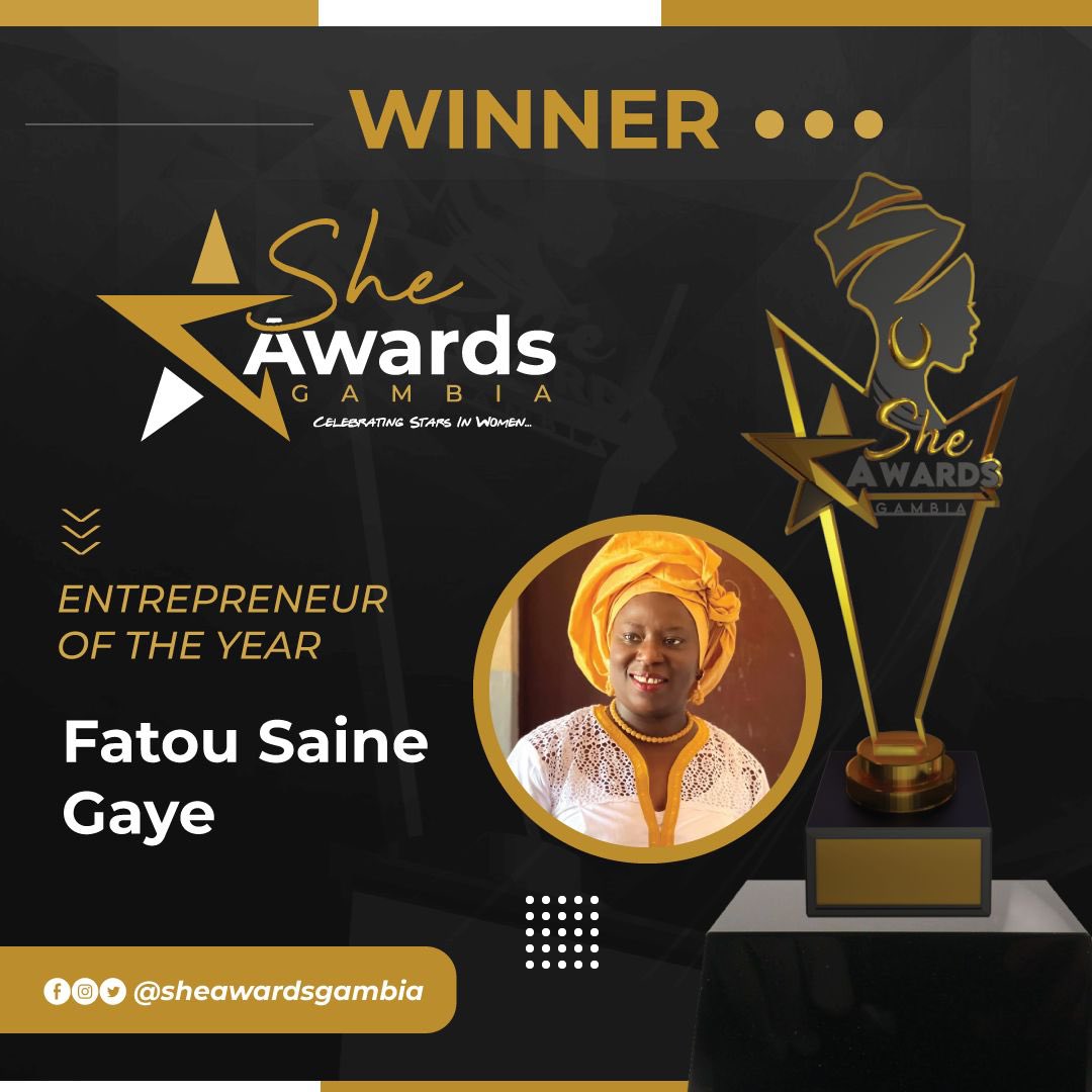 SheAwardsGambia's tweet photo. Entrepreneur of The Year Award  goes to Fatou Saine Gaye 🤩🤩🤩 (Recieved on behalf of) 

Presented by the CEO of The Gambia
Chamber of Commerce, represented by Aunty Beatrice Mboge

#SheAwards220
#IWD2022 https://t.co/OQLJ4YnRWi