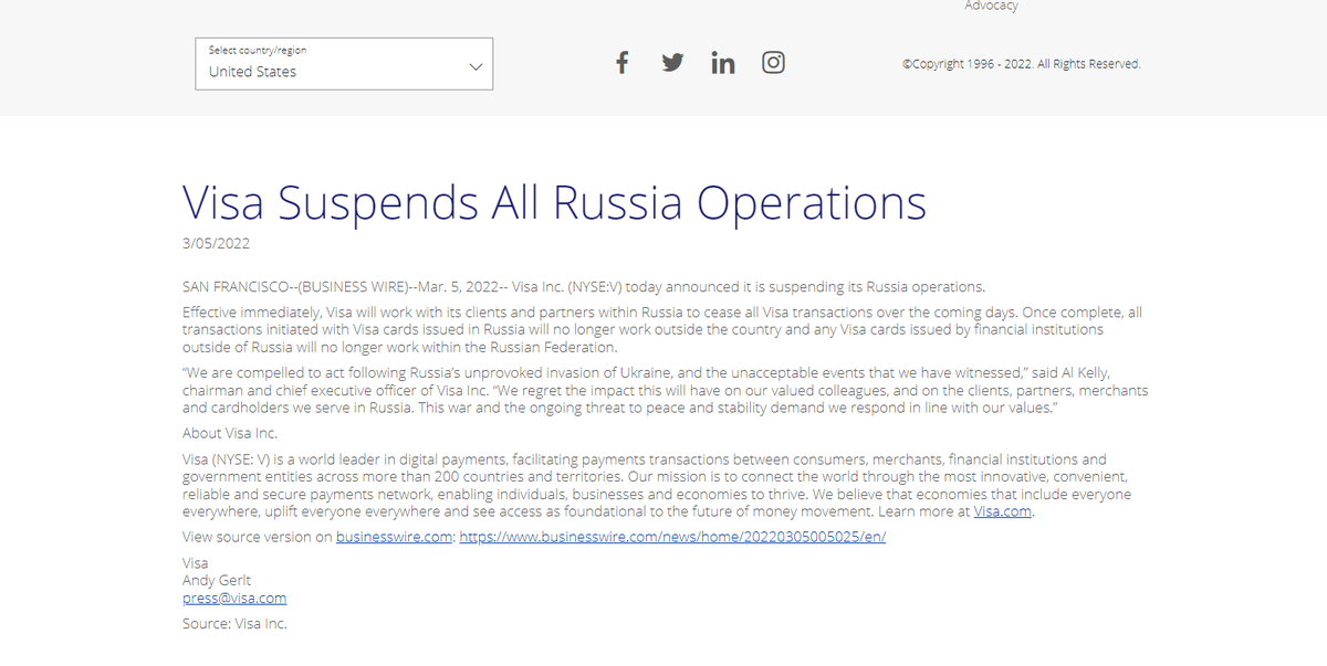 lookner's tweet photo. Visa announces they are suspending all Russia operations. "Effective immediately, Visa will work with its clients and partners within Russia to cease all Visa transactions over the coming days."
https://t.co/hqFlEjidu7 https://t.co/f7YZO0EiKJ