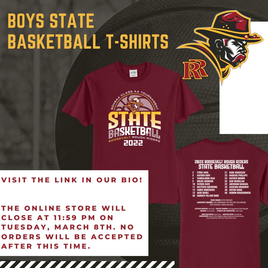 RiderCheerlead1's tweet photo. Congratulations to @Rider_Hoops for making it to the SD State Tournament!

State T-Shirts are available to purchase now until Tuesday, March 8th at 11:59pm. No purchases will be accepted after Tuesday! https://t.co/5Mz76j0zag