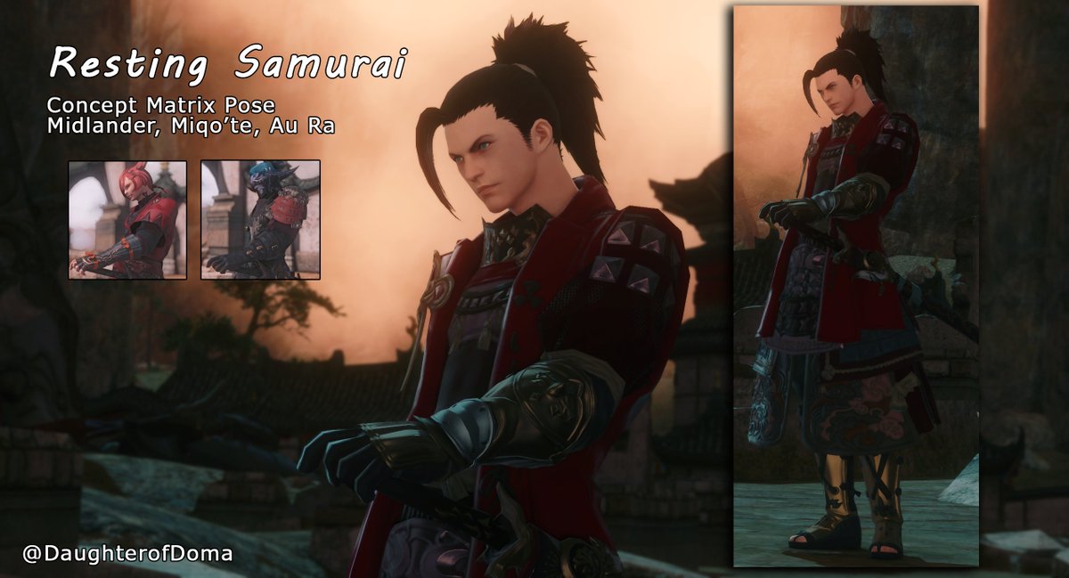 DaughterofDoma's tweet photo. New pose! Fulfilled a request for a male samurai resting his hand on the kashira of his sword. #gposers #samuraipose #midlander #miqote #maleaura https://t.co/uCUubnIEQC https://t.co/gbWiHUFYv4