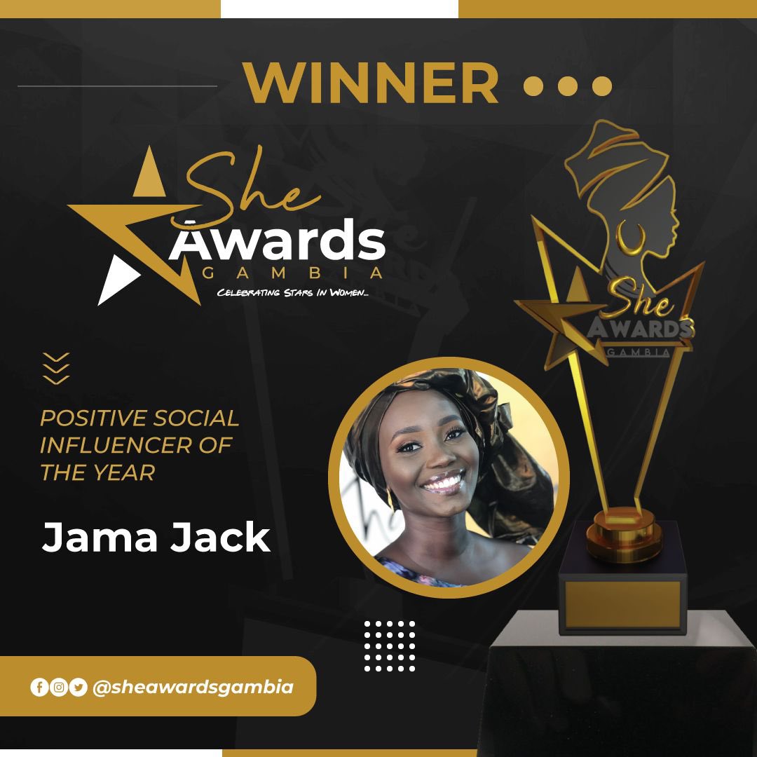 SheAwardsGambia's tweet photo. Positive Social Influencer of The Year Award goes to @TheJamaJack  🎉 🤩🤩
(Received on behalf of) 

Presented by - Ms. Mam
Lisa Camara, Women's Rights Activist

#SheAwards220
#IWD2022 https://t.co/0G7hQPWQTv