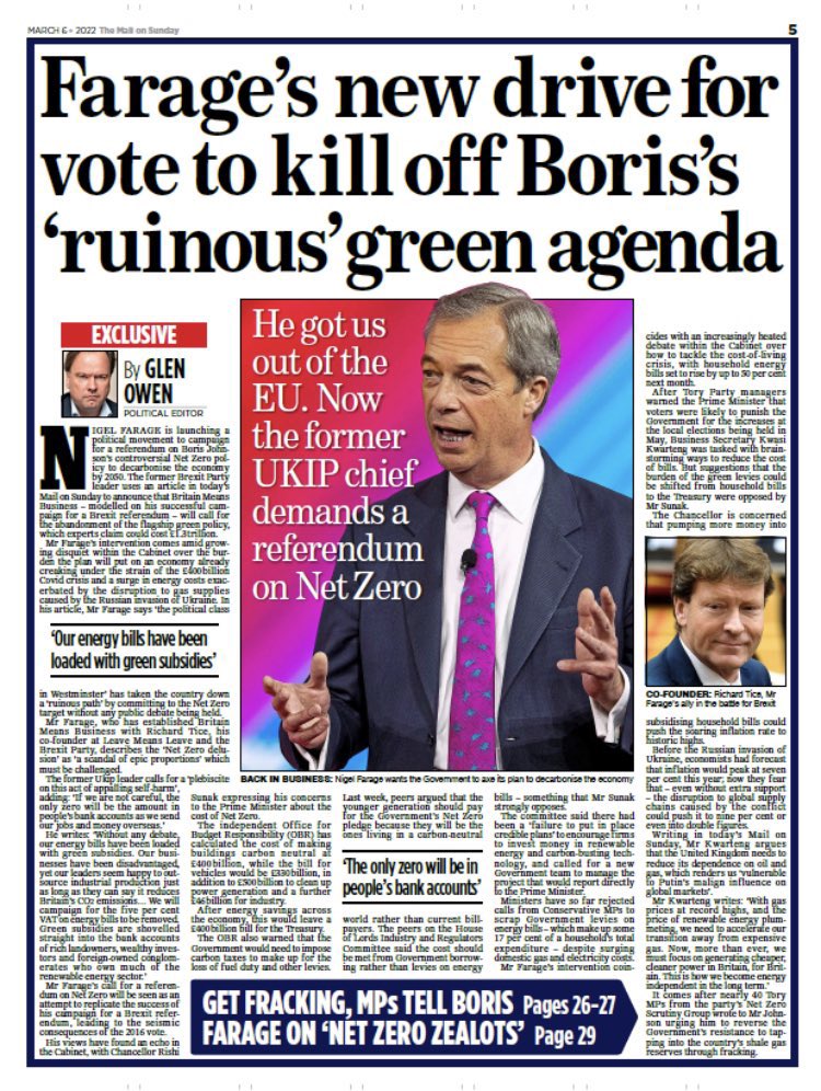 Nigel_Farage's tweet image. I am launching a new campaign to kill of Boris Johnson’s ruinous green agenda. 

We demand a referendum on Net Zero.

Read all about it in the Mail on Sunday.