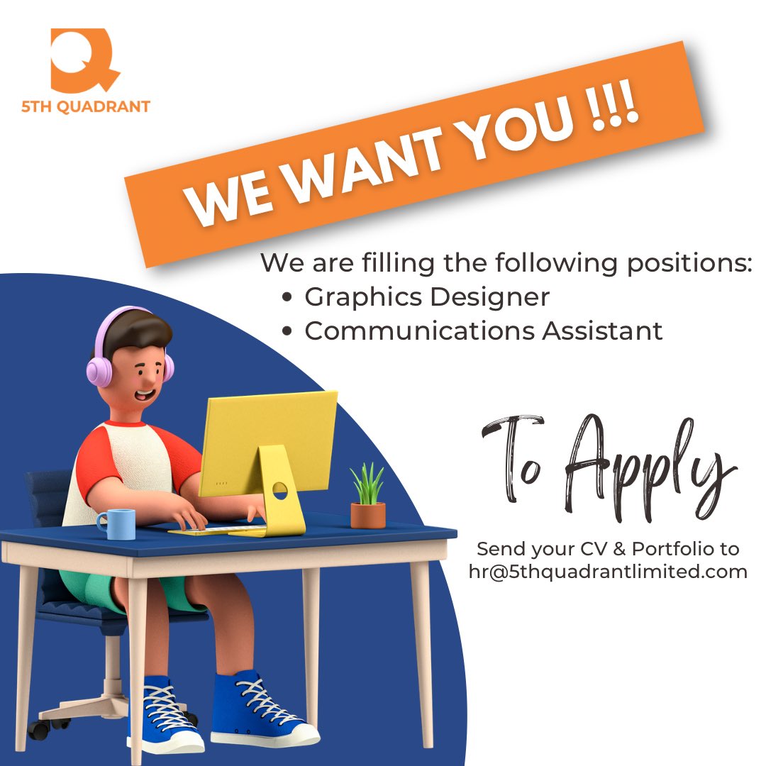 5thquadrantng's tweet photo. We are looking for:
1. A Graphics Design
2. A Communications Assistant
to help provide creative and administrative support to our various teams and programs.

If you fit the bill send your CV and Portfolio to hr@5thquadrantlimited.com

#abuja #abujajobs #communicationskills https://t.co/wEnSBe542y