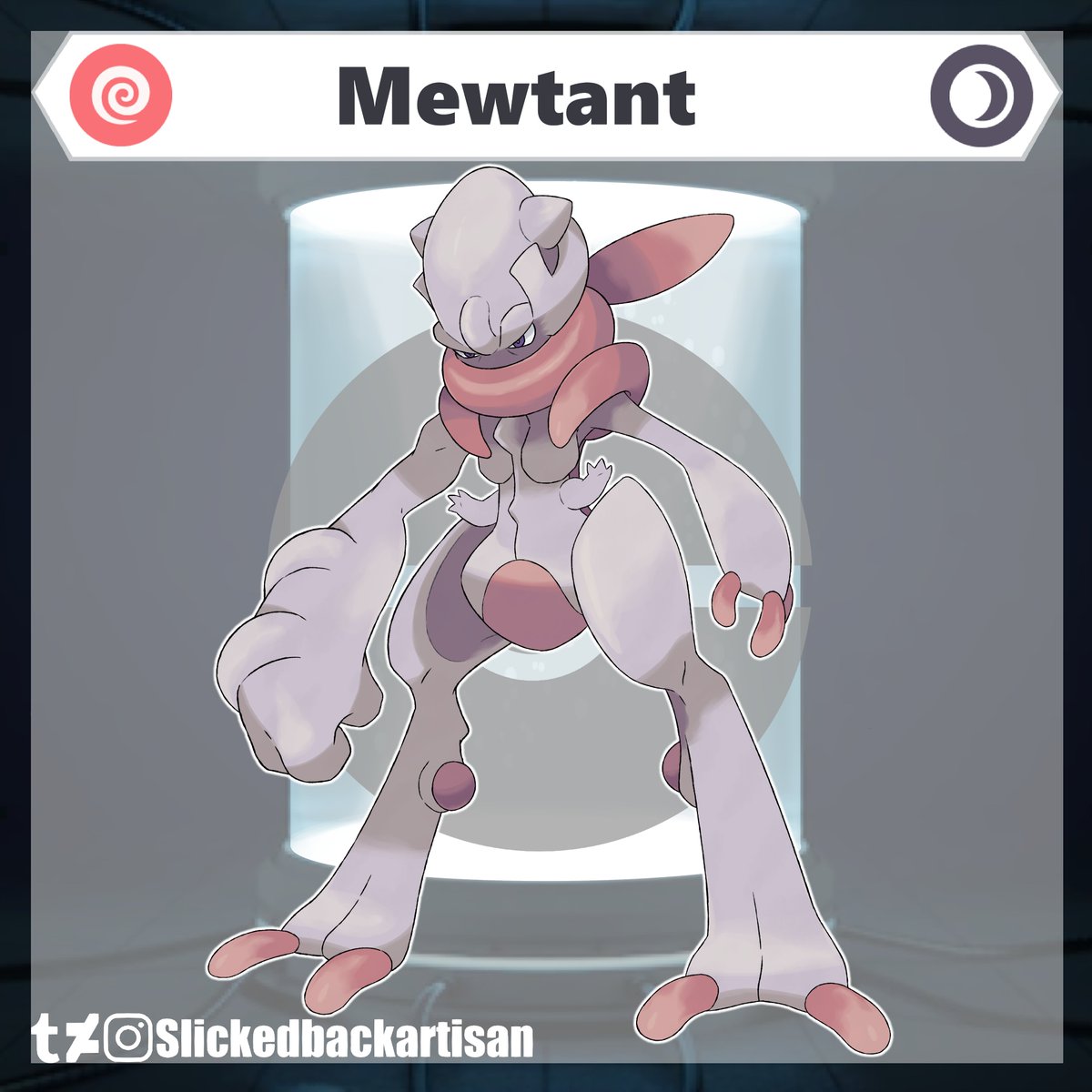 slickbackartboy's tweet photo. This is another design from the dream I had about an upcoming generation of pokemon involving pokemon fusion. Also, testing out a new template for revealing my art. This is Mewtant (cont) https://t.co/WcvAT4BXJK