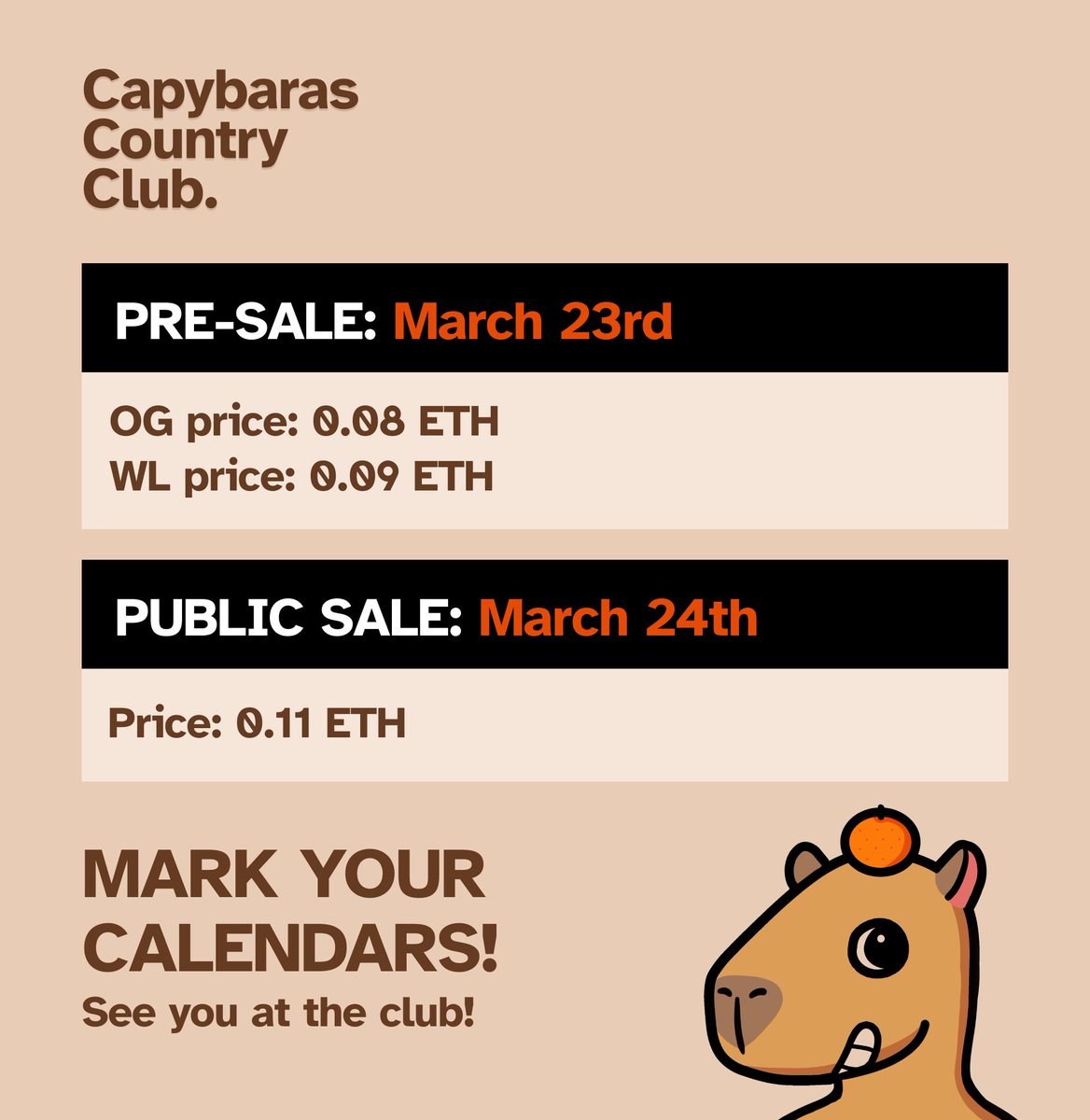CapybarasCC's tweet photo. 🗓️Mark your calendars.

Capybaras Country Club mint:
- No crazy mint price.
- No dutch auction.

Check out our full announcement in Discord. https://t.co/Lre23upzIP