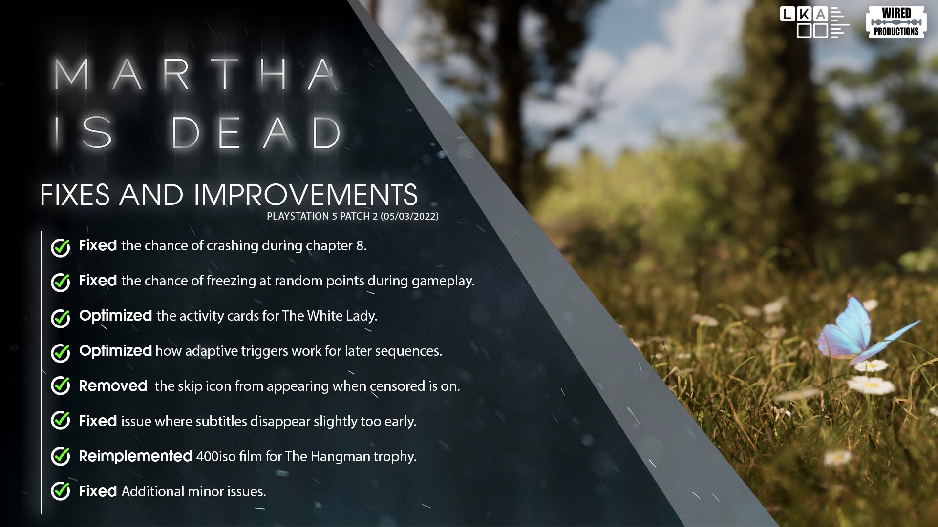 Martha Is Dead patch fixes Is and freezes features crashing, full It optimization. new Dead For chapter for notes Martha PlayStation5 X: live more \
