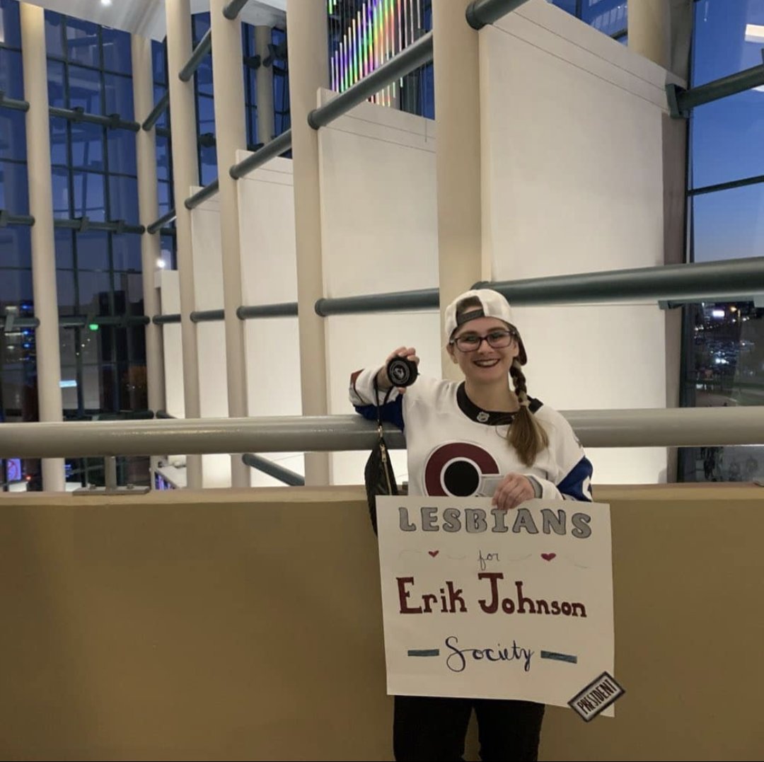 Alisbian's tweet photo. Hey @Avalanche! I may not be there in person but I am there in spirit. Give my love to Erik Johnson 
(Photos from 2019, 2020, and 2021) https://t.co/qBuBzdq67L
