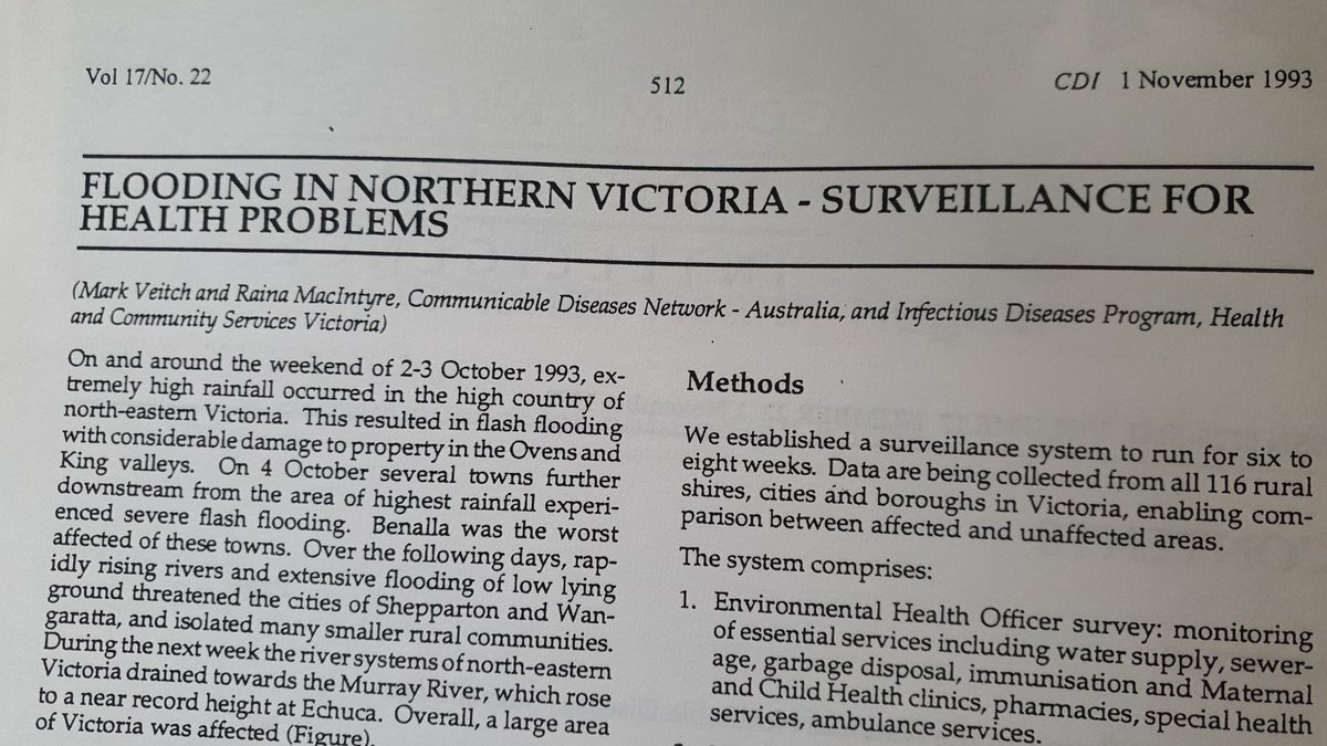 In 1993 the worst recorded floods hit North Eastern Victoria.  Mark Veitch and Raina MacIntyre, then trainees in the Australian FETP were sent to establish surveillance for health issues resulting from the flood.  They provide a framework for responding to public health issues.