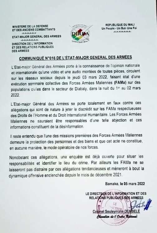 AzizMaigaNMP's tweet photo. 🇲🇱#Mali -- Communiqué des @FAMa_DIRPA suite à la vidéo macabre qui montre les corps sans vie de trente-cinq (35) personnes exécutées et brûlées entre les localités de #Diabaly et #Dogofry dans la région de #Ségou. @AzizMaigaNMP https://t.co/9xpYmjT0E5