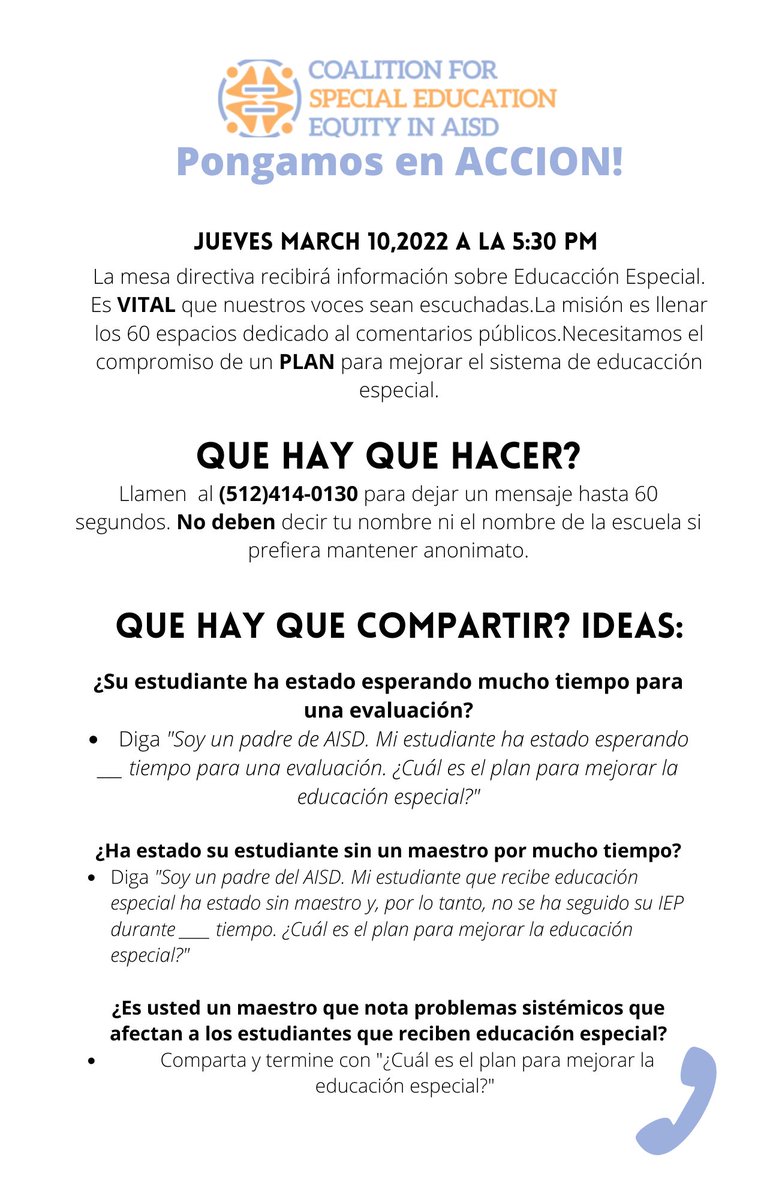 jedichingona's tweet photo. AISD families and AISD providers. Please make a plan to call with your story. Thanks for the share to elevate. #aisdsped https://t.co/4b77QtRBDA