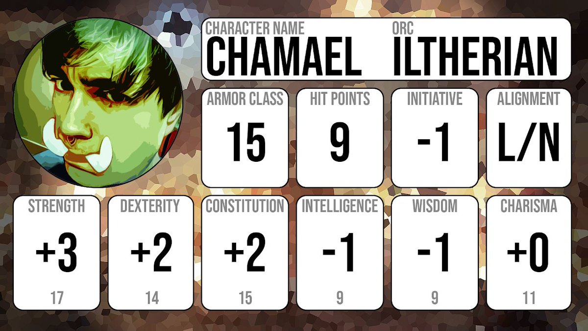 Our final party member is Chamael, the Illtherian Knight orc and member of The Hapers. Played by Tommy.

Join us tomorrow at 12:00 pm EST on twitch.tv/sixsidesofgami… as we start our new campaign, Baldur's Gate: Descent into Avernus.