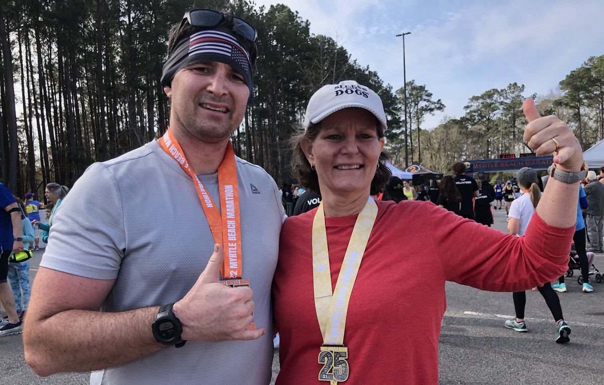 MyrtleBeachFire's tweet photo. Eng./Paramedic Adam Wingard completed his first half marathon this morning.  He is pictured here at the finish line with his mother who also ran this morning, and is a heart attack survivor.
#FireFamily #FireFitness https://t.co/RAbfCA0P9C