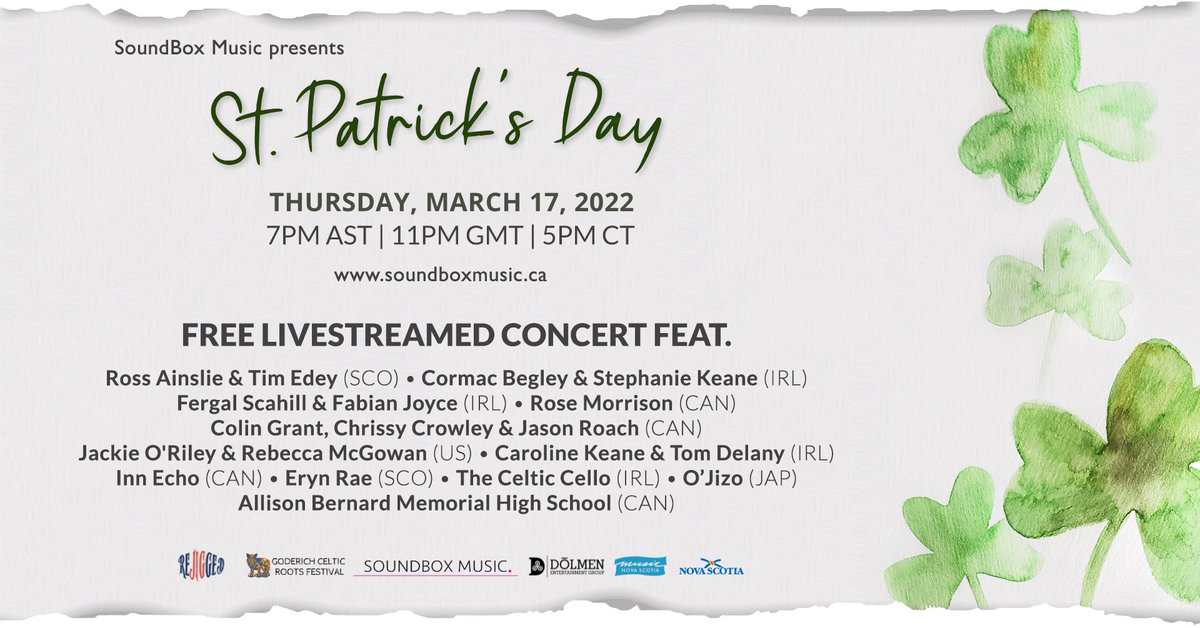 SoundBoxMusicCa's tweet photo. We are incredibly excited to announce our 2nd annual St. Patrick’s Day livestream on Thursday, March 17th ☘️ We have an amazing lineup of musicians, dancers, and singers joining us from Cape Breton Island, all the way to Tokyo, Japan!
The show will be FREE to view! https://t.co/NGPUjnEaE9