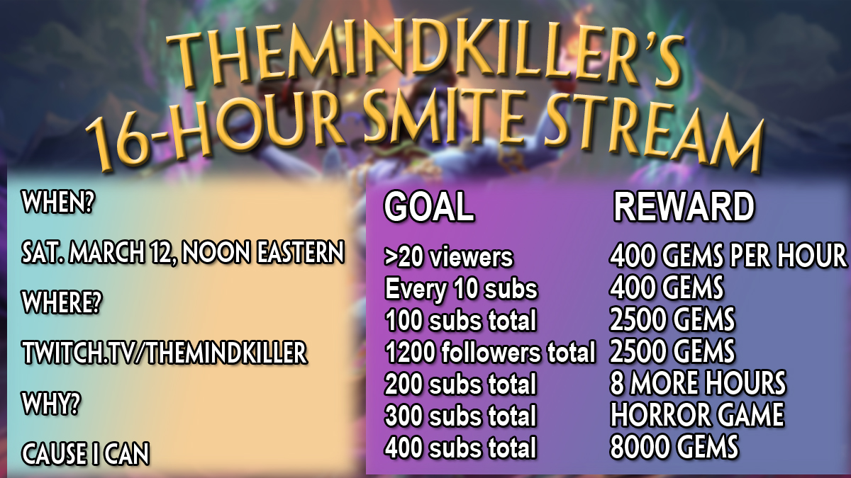 The_Mind_Killer's tweet image. I want to do a *huge* #Smite stream next weekend for no reason other than because I can! 

A 16-hour stream with potential to be a full 24 hours!

#Giveaways EVERY HOUR for over 6400 Gems minimum! And I will add more!

PLEASE please share this and get the word out! @SMITEGame