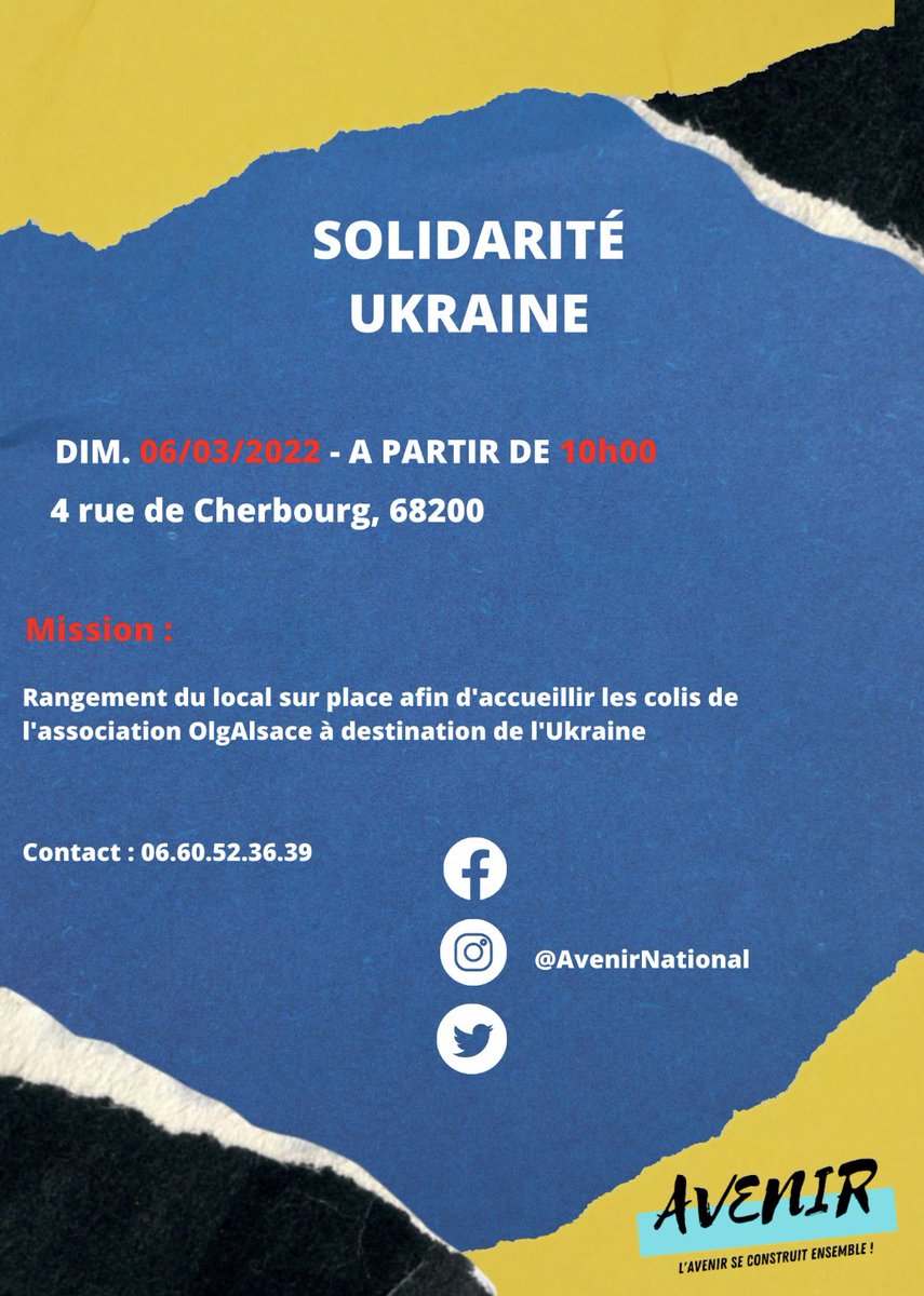 [Nouvelle opération🇺🇦]

👉 Dès demain, l’association vous propose de vous donner rendez-vous afin d’apporter votre aide !🤝

🔴 Objectif : rangement du local affecté sur place afin d’y accueillir les colis réceptionnés par l’association #OlgAlsace