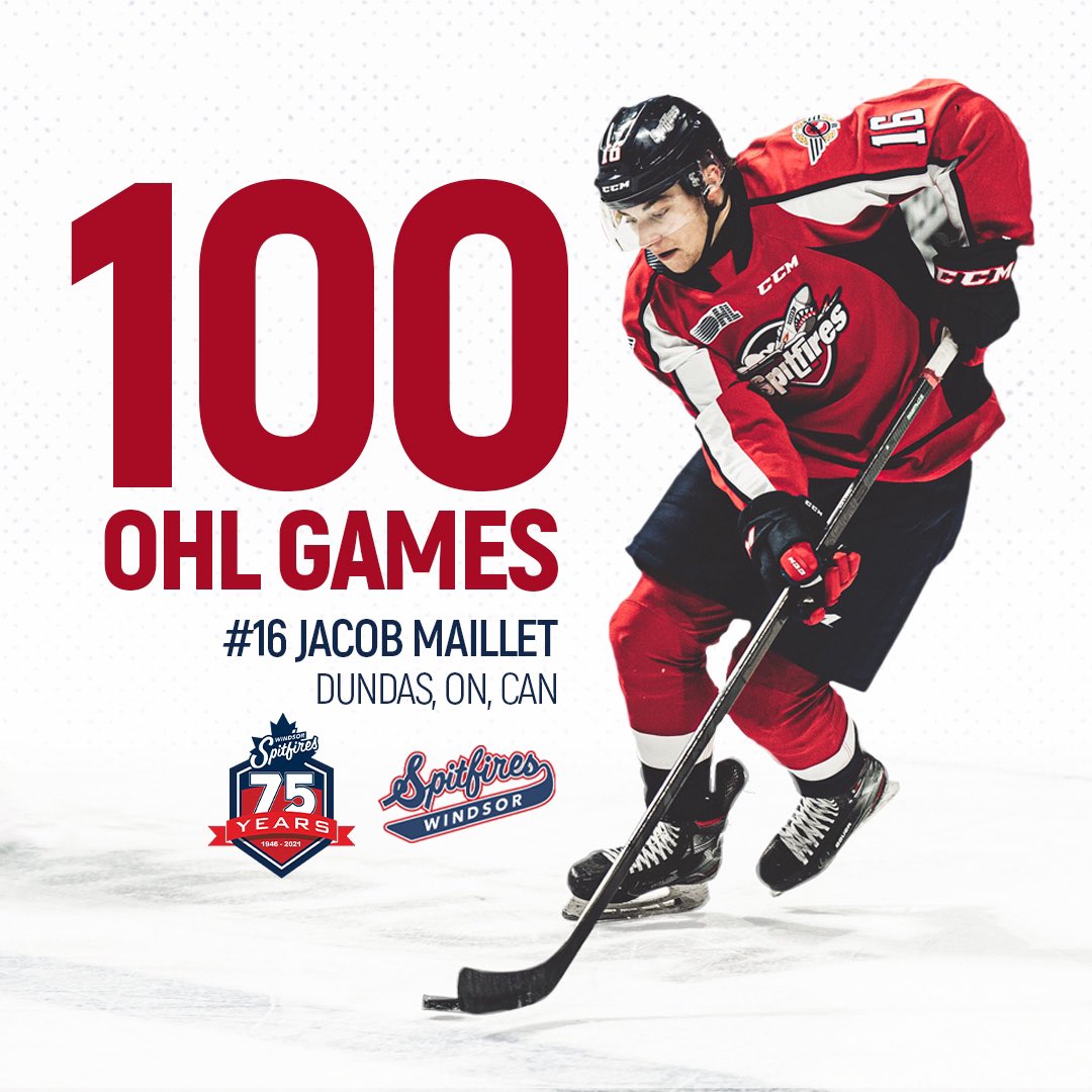 Congrats to Jacob Maillet (<a href="/JacobMaillet16/">Jacob Maillet</a>) on recording 100 career <a href="/OHLHockey/">Ontario Hockey League</a> games! #WindsorSpitfires