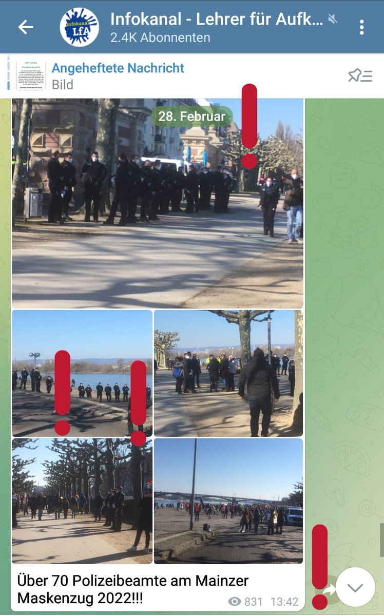 SWAProtest's tweet image. 34/ #mz2802 
Auf dem Telegramkanal der besonders "augeklärten" Lehrer wird in Echtzeit markiert. Warum eine M.G. uns ausserhalb der Demo wenigstens von hinten (sic!) aus 1m Entfernung fotografieren wollte?
Ertappt gefühlt, hat sie sich schnell entfernt.