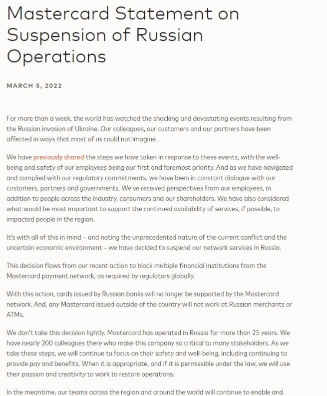 [ 🇷🇺 RUSSIE | 🇺🇦 UKRAINE ]

🔸 Visa et Mastercard suspendent leurs services en Russie. Voici les communiqués détaillant les actions prises par les entreprises.