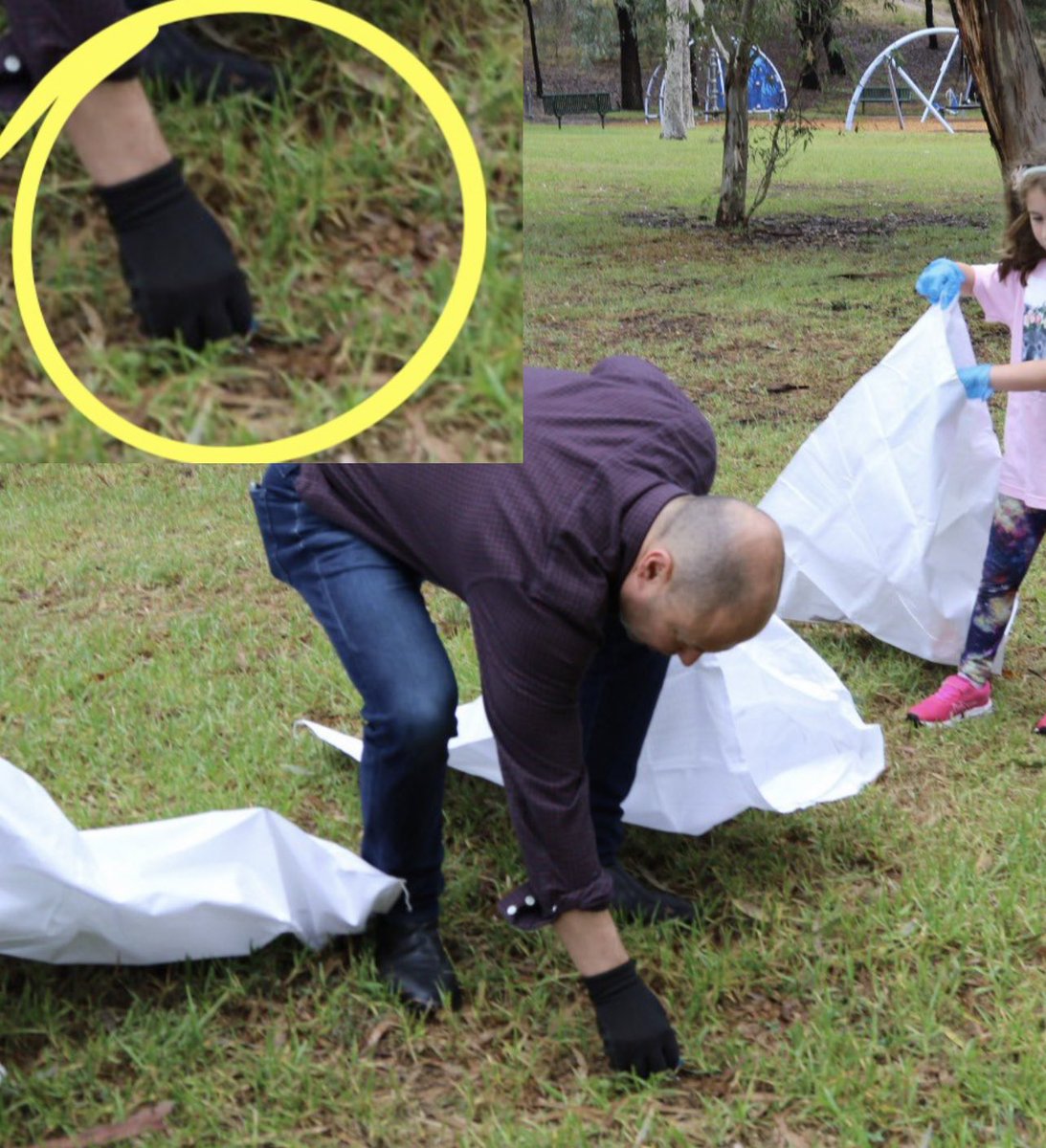 strangerous10's tweet photo. Whilst @Mon4Kooyong is campaigning in her electorate against action on Climate, her opponent Josh is pretending to pick up a piece of rubbish for cameras (nothing there to pick up) whilst holding an empty plastic bag, then calls it a day.
#KooyongVotes 
#Mon4Kooyong 
#auspol https://t.co/f4KHxlEXgE