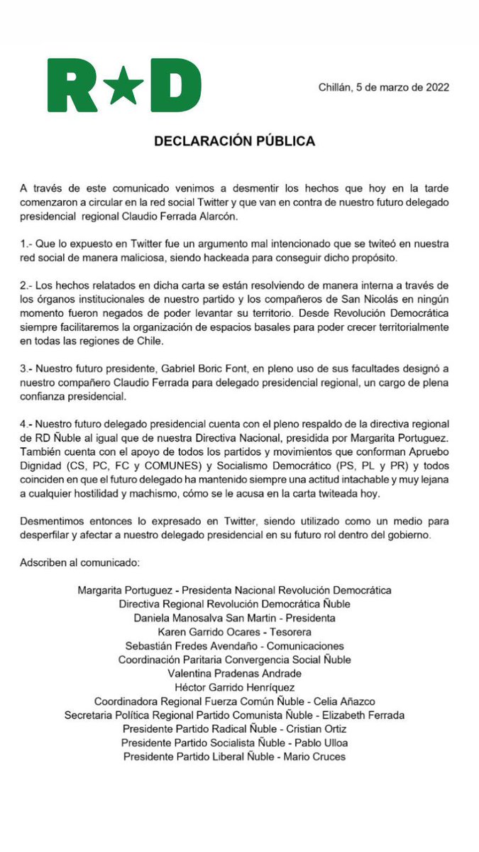 rd_nuble's tweet photo. DECLARACIÓN PÚBLICA

A través de este comunicado venimos a desmentir los hechos que hoy en la tarde comenzaron a circular en la red social Twitter y que van en contra de nuestro futuro delegado presidencial  regional @ClaudioFerradaA https://t.co/PjfFzycXiH