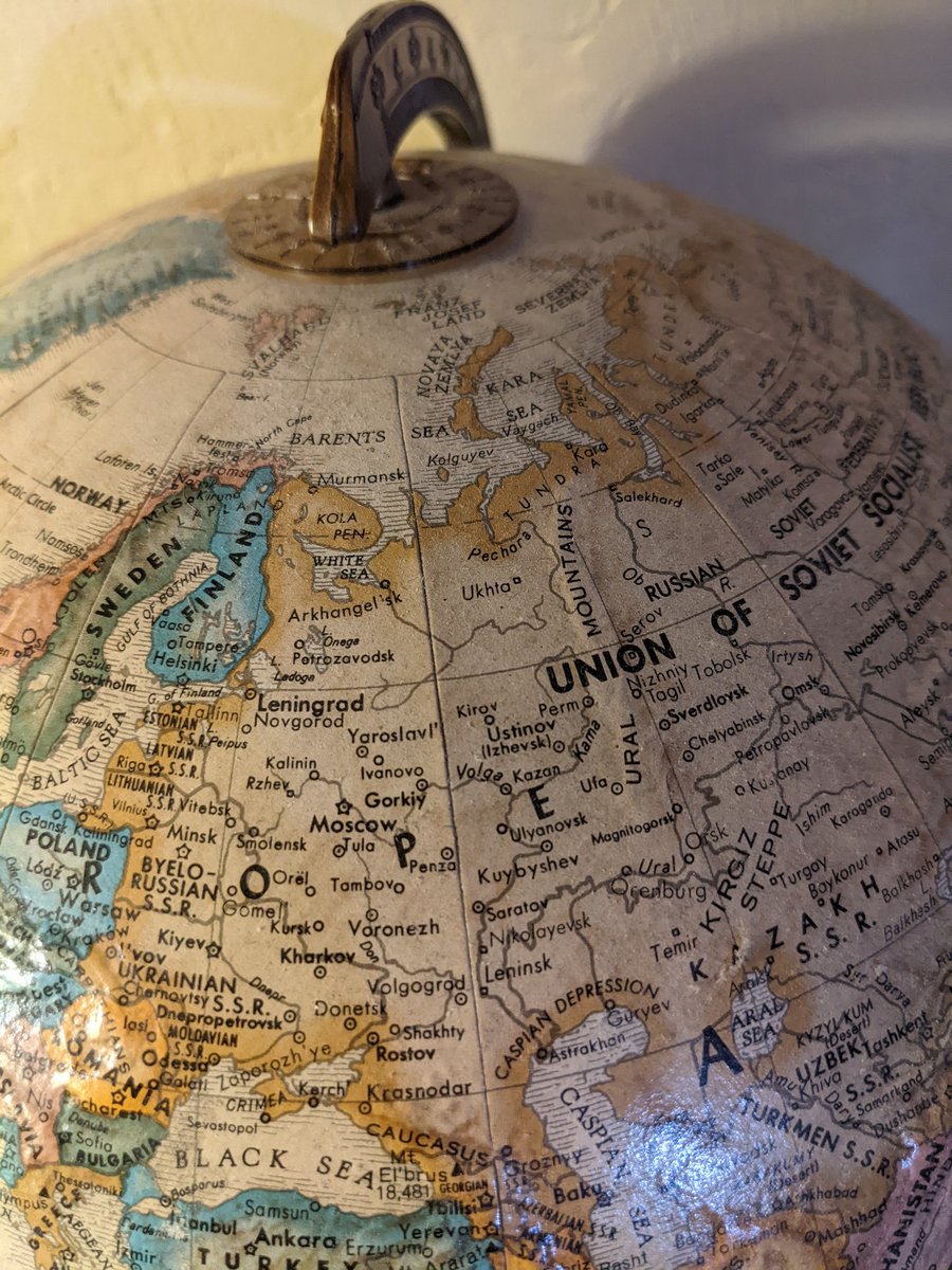 SCMcFann's tweet photo. This old globe in the house I'm renting from a retired professor really sums up the question of, "why?". 30-year-old rationality is prevailing rn. Some ppl don't know how to move on. https://t.co/OQncHZBxiY