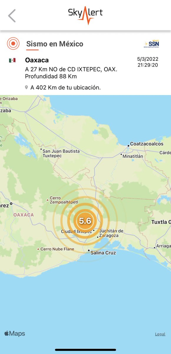 SkyAlertMx's tweet photo. Magnitud final 5.6 (SSN) ubicado a 27 km al noroeste de Cd. Ixtepec, Oaxaca.

Foco a 88 km de profundidad. https://t.co/vovqCKrW4v
