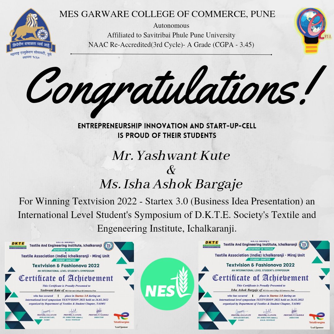 indovention_gcc's tweet image. We are extremely proud to announce that Nest - a start-up founded by Mr. Yashwant Kute and Ms. Isha Ashok Bargaje from the EIS-Cell has won Startex 3.0 an international level student symposium!✨