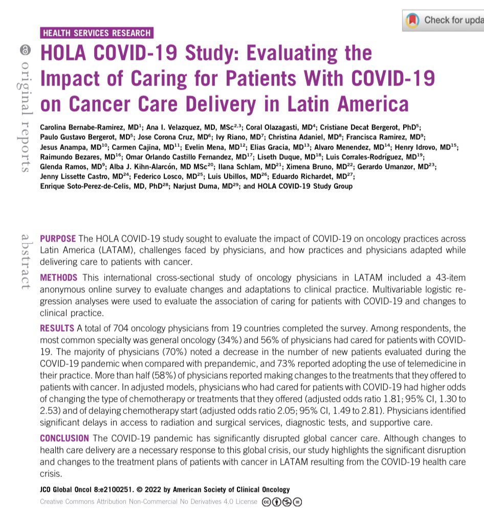 crisbergerot's tweet photo. Stellar study @BernabeCarolina @AnaVManana @NarjustDumaMD #HOLACOVID #DumaLab @JCOGO_ASCO
🌎 cross-sectional study evaluated the impact of #COVID19 on oncology practice #LATAM
▫️704 physicians from 19 countries
▫️58% reported making changes to the ttx
https://t.co/JkPScPOzUo https://t.co/5vW2lGL8mw