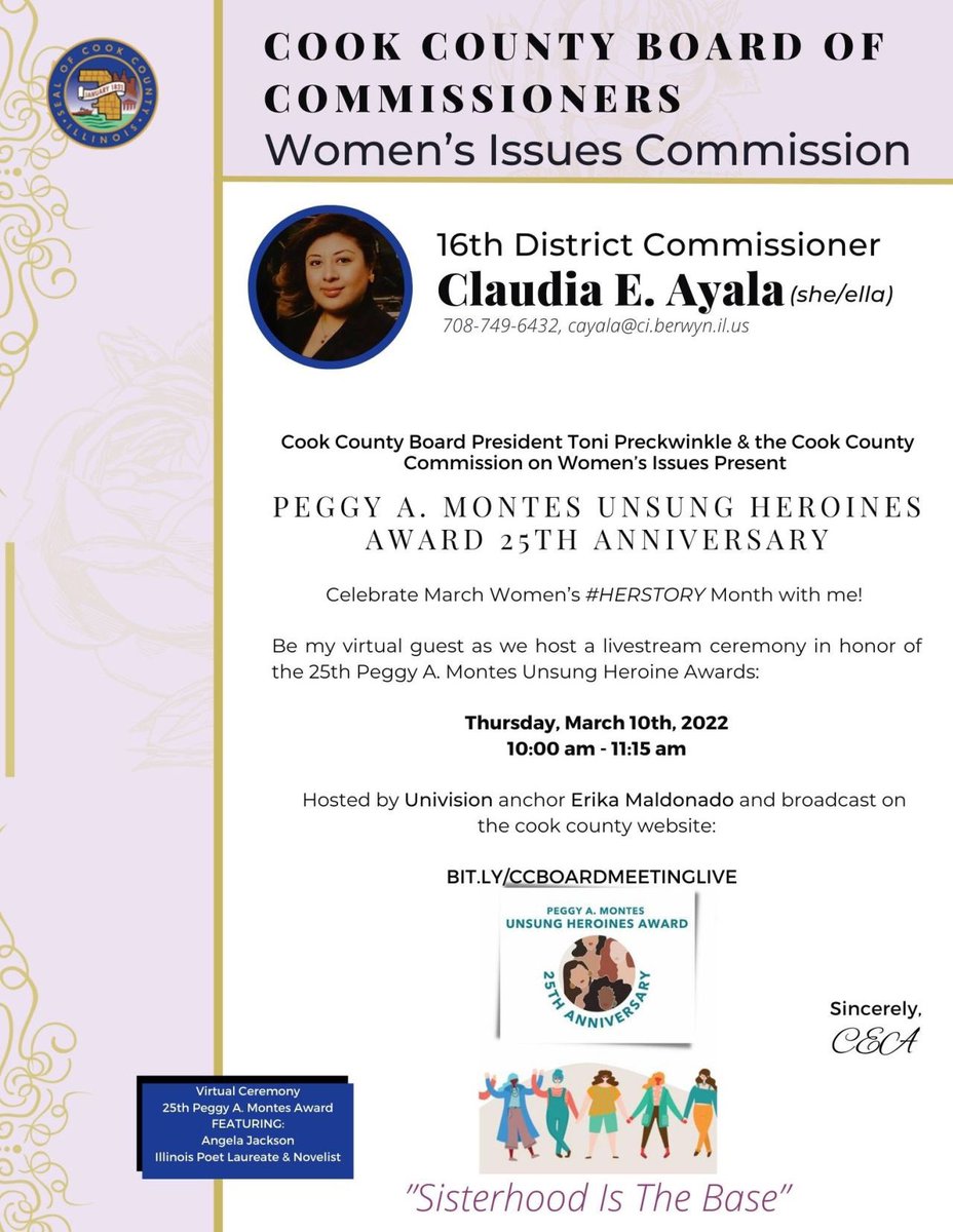 Celebrate March Women’s #HerStory Month 2022 With Me 
<a href="/cookcountygov/">Cook County Government</a> 25th Annual Unusung Heroine Awards on Thursday, March 10th, 2022, 10:00am - 11:15am 📹 BIT.LY/CCBOARDMEETING…