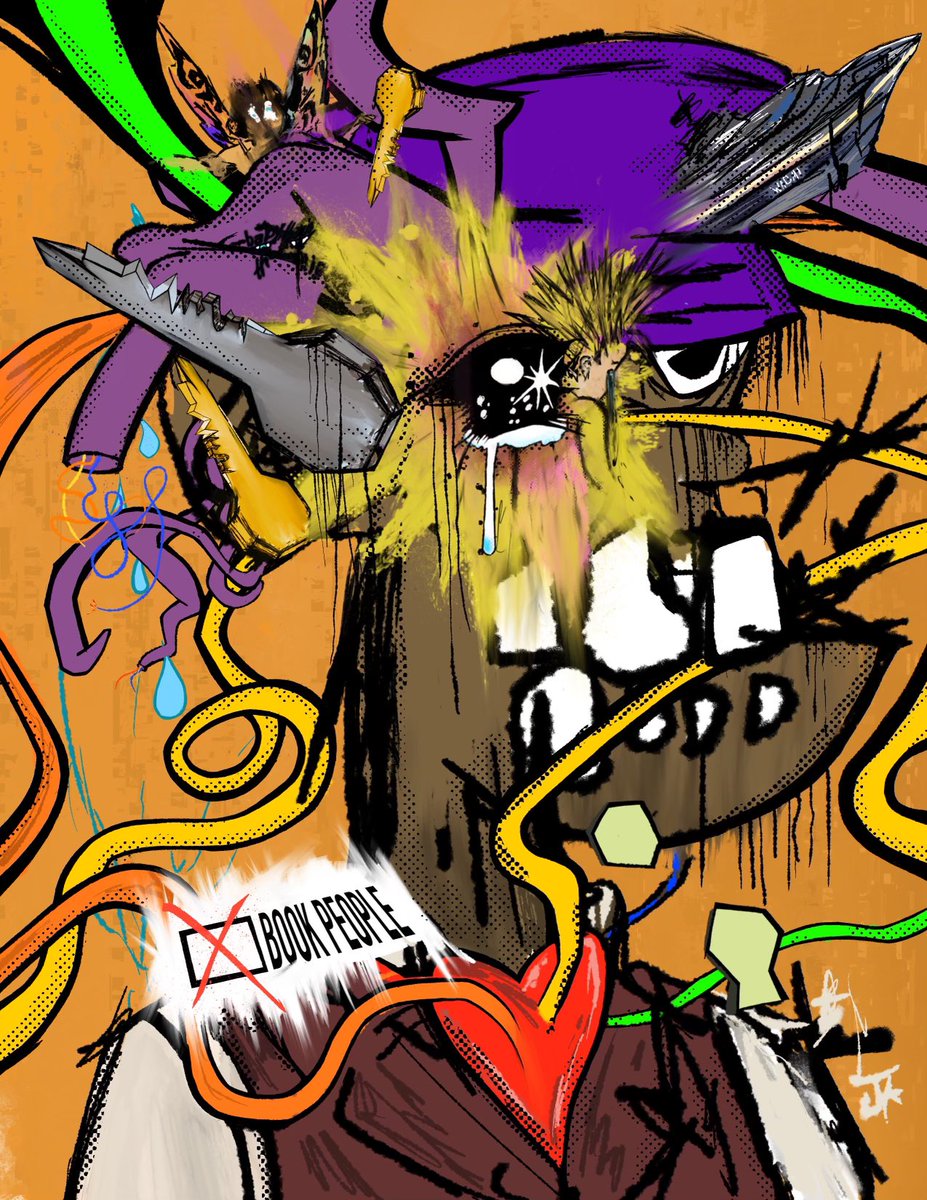 We are so excited to reveal our collab collection with <a href="/jakethedegen/">JAKE</a>. Full snapshot/claims info coming tomorrow.

Random mint. 3 pieces. Varying rarities.

PIECE #1: 75% Rarity

Unfortunately <a href="/JenkinsMutated/">Jenkins The Mutant</a> intercepted the art and drew his infamous tentacles on my head.