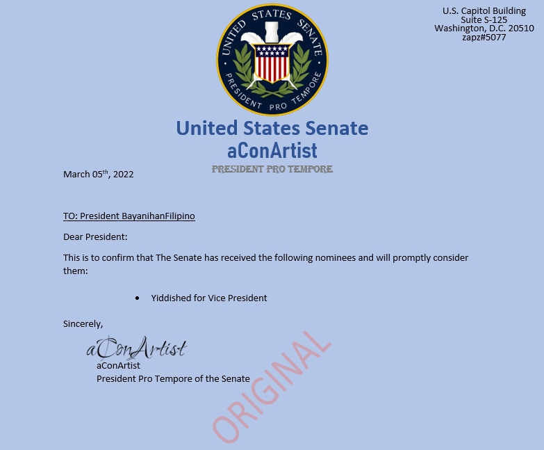 The president pro tempore <a href="/aConArtist1/">aConArtist</a> has been very busy today working tirelessly in the Senate for the American Public. He has just submitted this letter for @BayanRBLX confirming the receipt of the VP nominee.