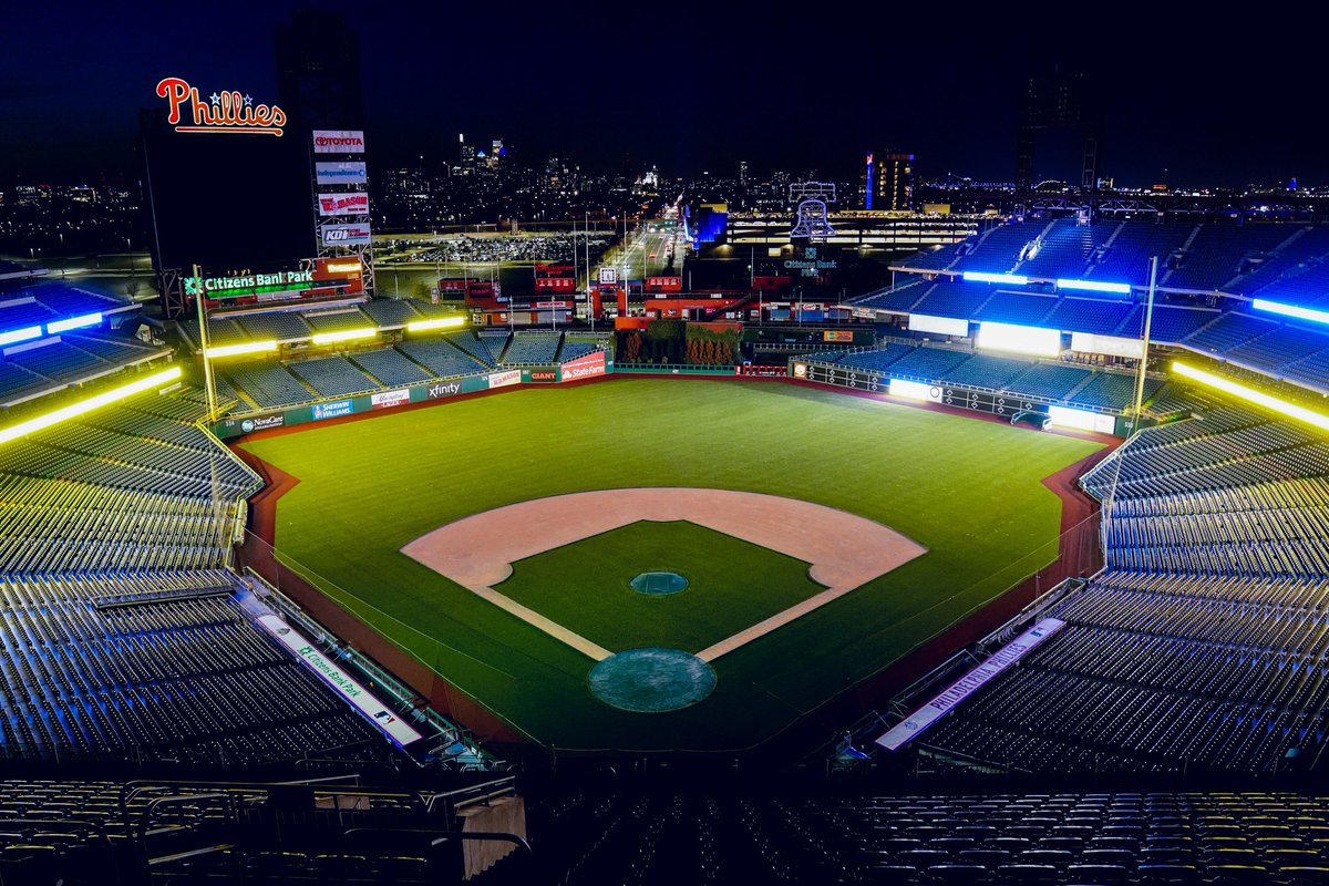 Phillies's tweet photo. We join the other Philadelphia teams in lighting blue &amp; yellow to show our solidarity with the people of Ukraine. https://t.co/YGJ7ke2qXC
